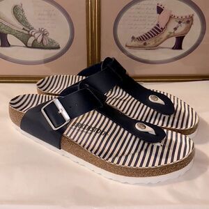 Birkenstock 11 Gizeh Nautical Stripes Navy White Thong Buckle Sandals
